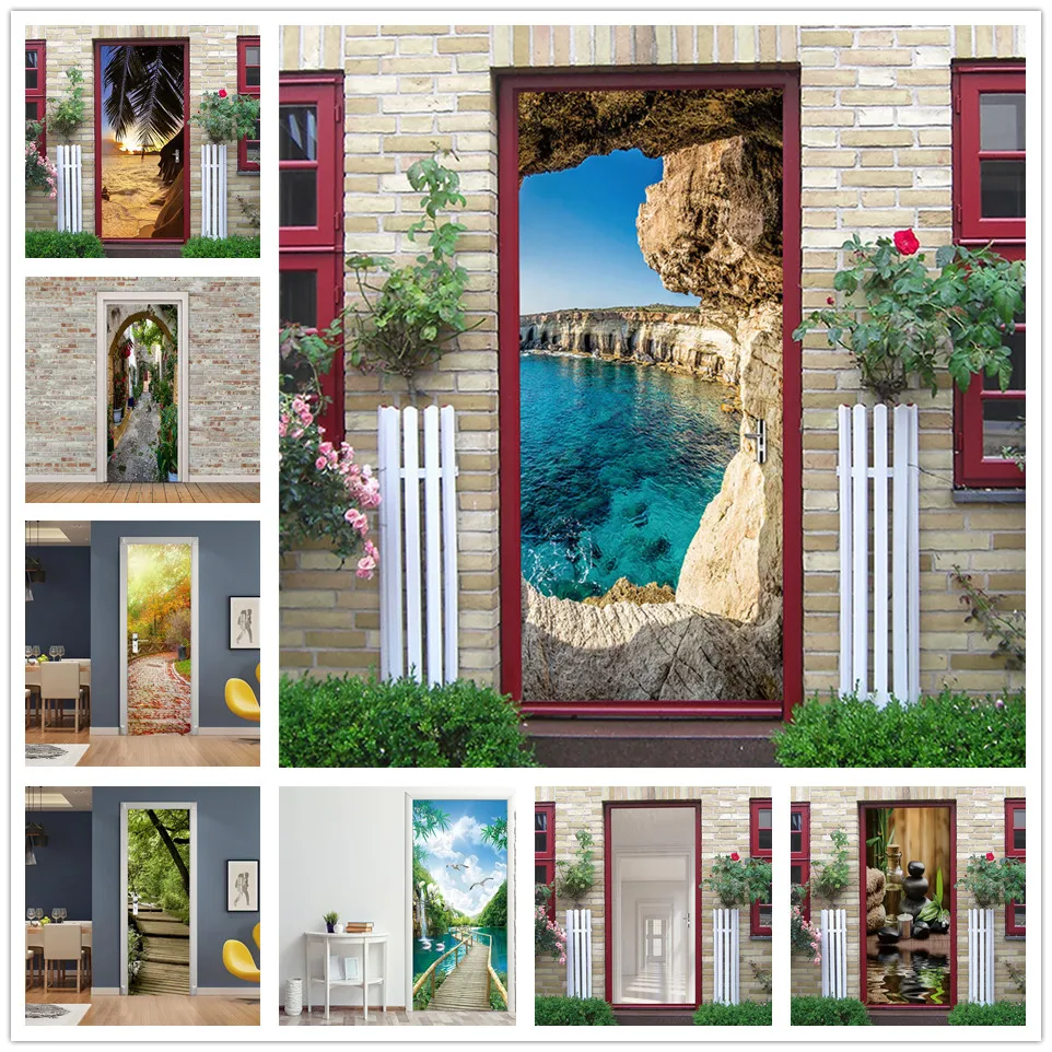 

Vinyl Wallpaper On The Door 3D Self Adhesive Landscape Sticker Porte Home Design Door Decor Mural Fridge Decal poster de portes