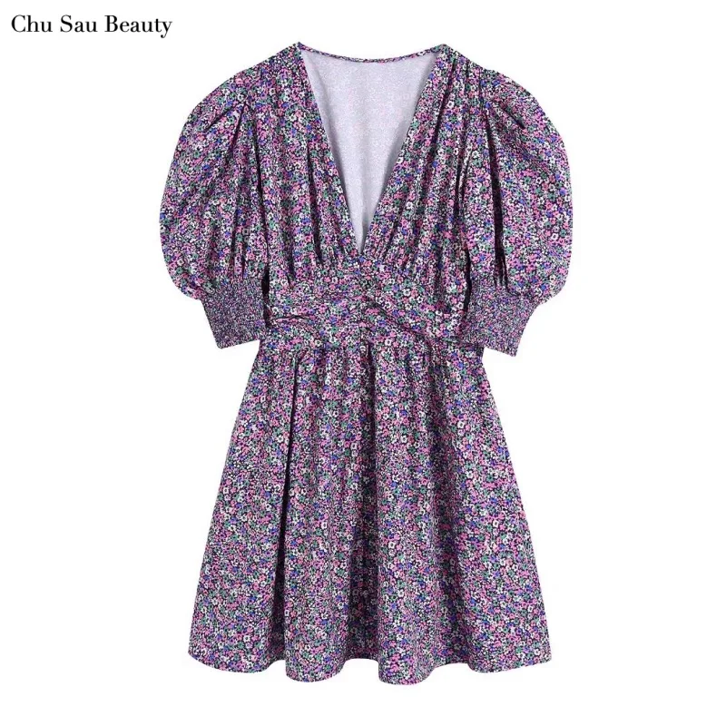 

Za Women Pleated Decorative Puff Sleeves Floral Print Short Dress Sexy V-Neck Long Sleeve Waist Thin Dress Fashion Street Style