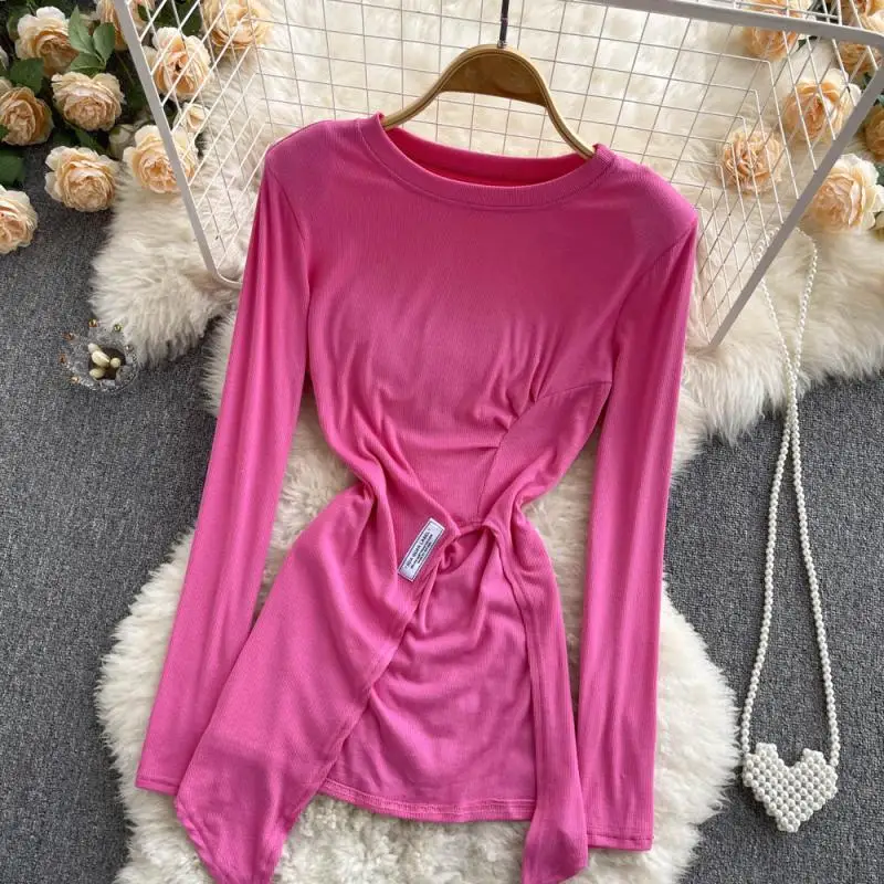 

D376 Women 2022 Spring Autumn Round Neck New Fashion Split Top Mujer Thin Long Sleeve Solid Color Casual Sunscreen T-shirt