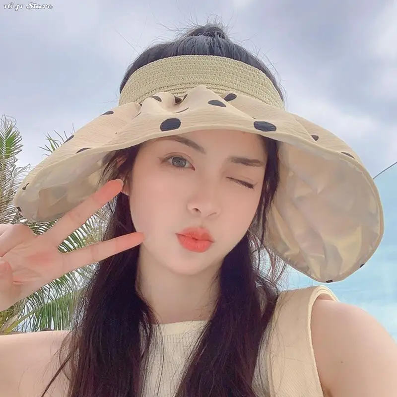 

1x Summer UV Protection Shell Sunshade Hat For Women Polka Dots Foldable Wide Brim Bucket Caps Outdoor Beach Sunscreen Shell Hat