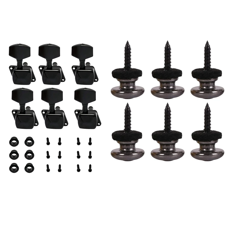 

6 Pieces Mushrooms Head Guitar Strap Buttons Strap Locks Chrome (Black) & 6Pcs String Tuning Pegs Machine Heads Tuners
