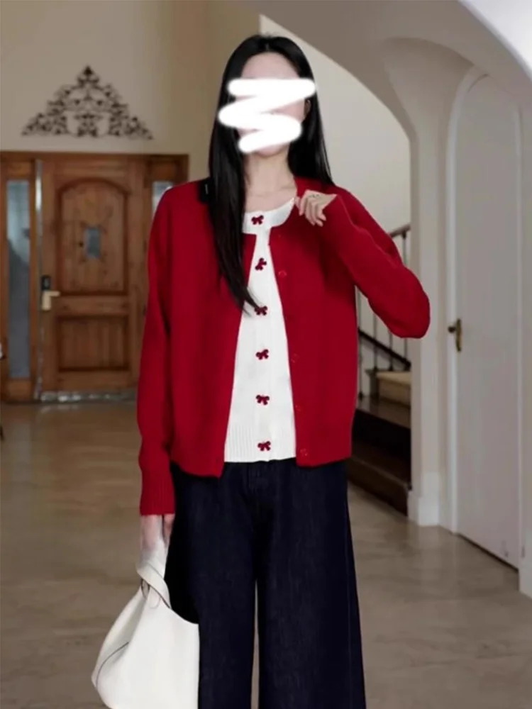 Рождественский вязаный кардиган с красным бантом в стиле пэчворк женский