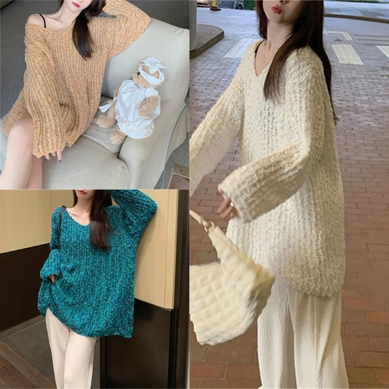 

Модный свободный вязаный однотонный свитер с длинными рукавами, пуловер, топы, Прямая доставка