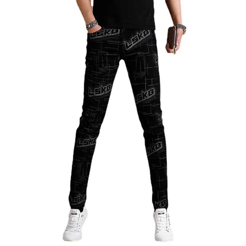 Black Jeans Men 2023 Summer Fashion Letter Printed Pants Streetwear Casual Straight Slim Fit Denim Trousers