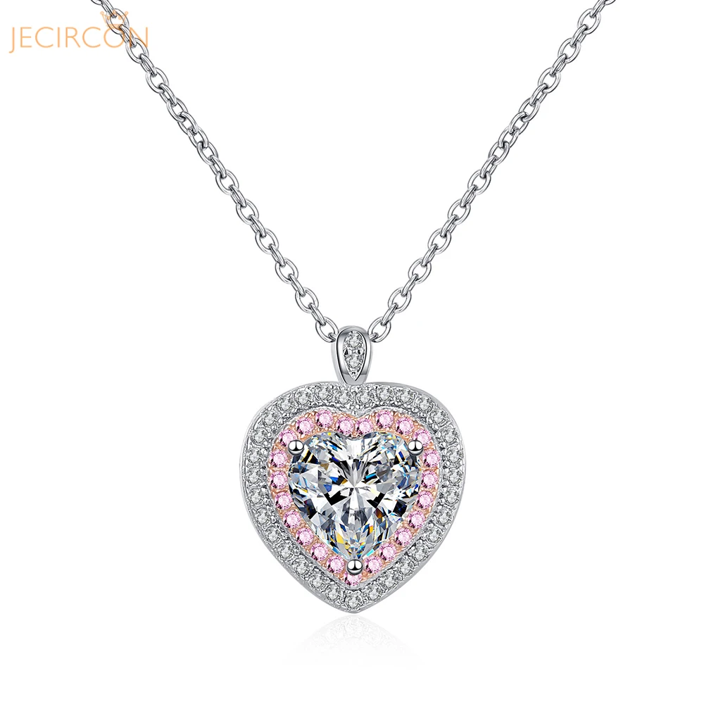 

JECIRCON 925 Sterling Silver Moissanite Necklace for Women 1 Carat Heart Lab Diamond Pendant Clavicle Chain Valentine's Day Gift