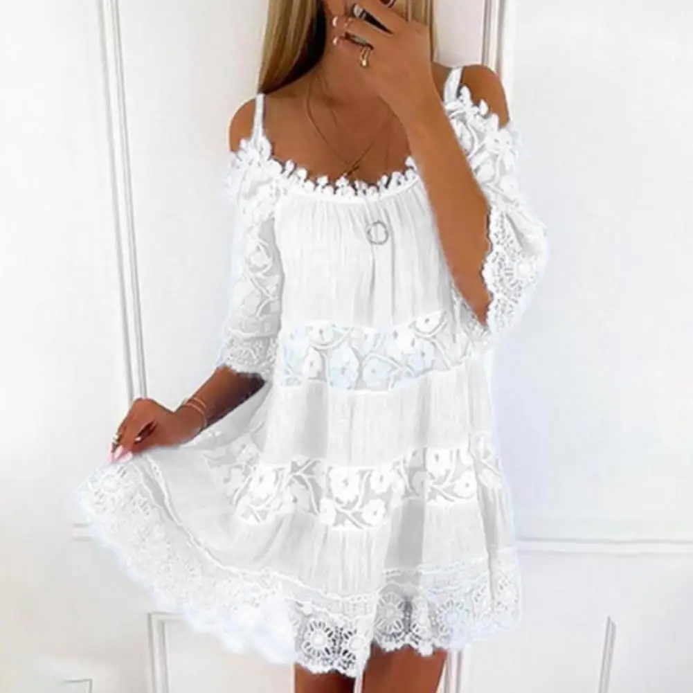 

Stylish Office Dress Lightweight Half Sleeves Loose Fit Lady Casual Summer Lace Dress