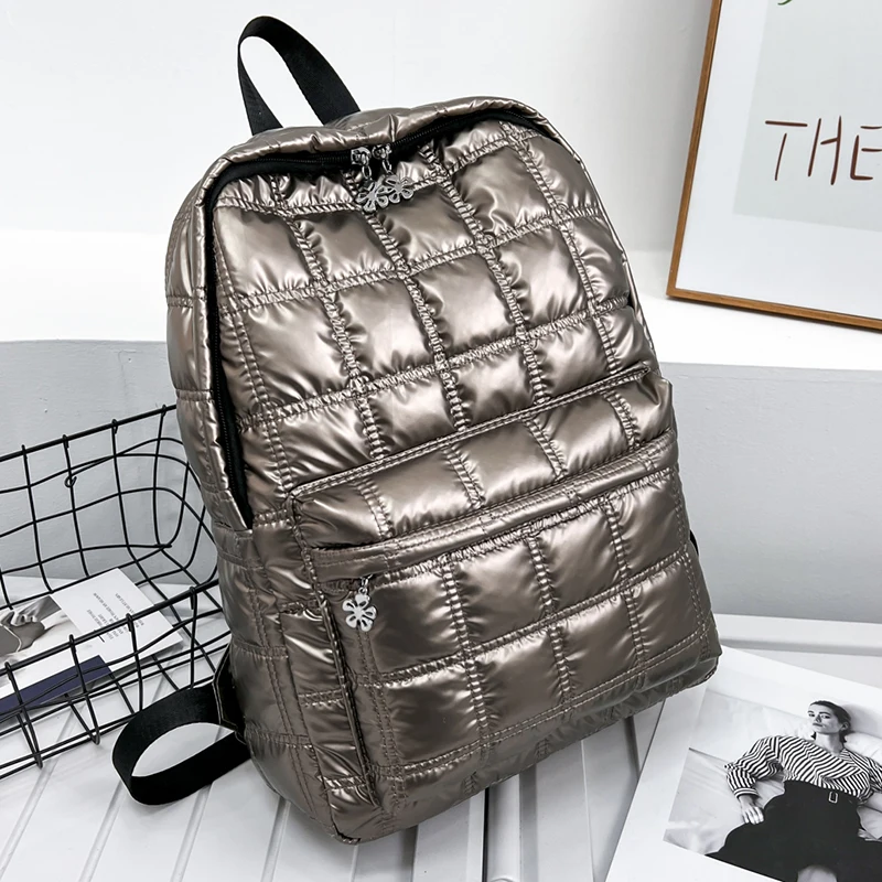 

Winter Quilted Plaid Women's Backpack Light Space Down Casual Female Backpacks for Women Teenager Girls School Back Bags