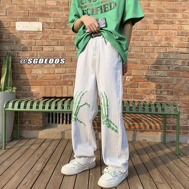 Y2K Mens Printed Jeans Pants Hight Street Hip Hop Women Baggy Wide Leg Pants Oversize Stylish Trousers Korean Fashion Streetwear