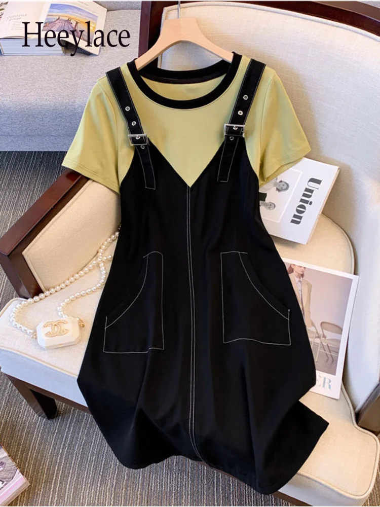

Women Summer Short Sleeve Fake Two Pieces Dresses Korean Casual High Waist A-line Long Dresses Female Vestidos Mujer