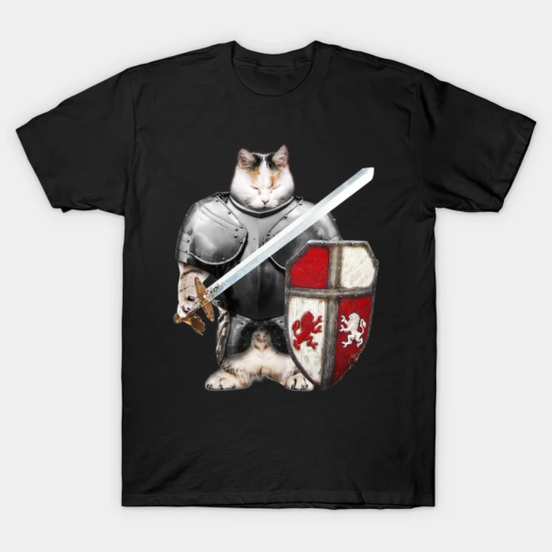 

Funny Design Shield Sword Knight Cat Warrior Printed Mens T-Shirt. Summer Cotton Short Sleeve O-Neck Unisex T Shirt New S-3XL