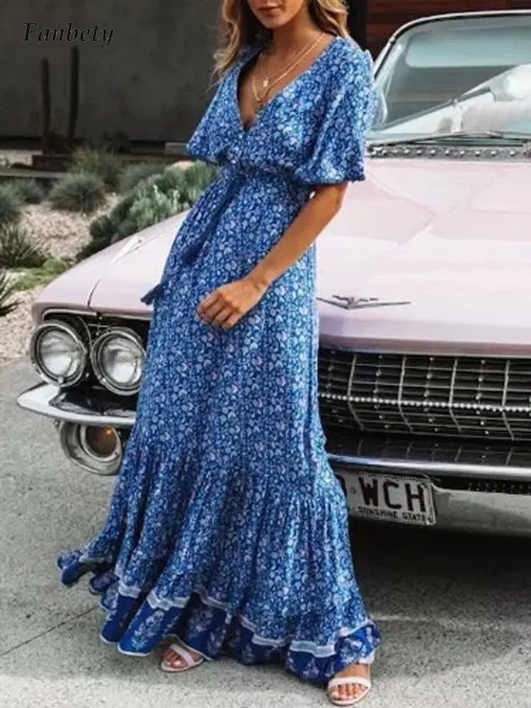 

Женское длинное пляжное платье с цветочным принтом, свободное Привлекательное платье макси с V-образным вырезом, коротким рукавом и кисточк...