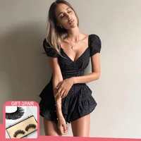 2022 new fashion v neck ruffles pleated dress women puff sleeve chic black summer dress party hollow out vintage corset ladies