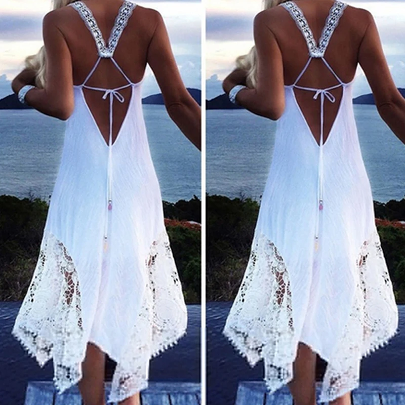 

2022 Boho Hollow Long Dress Women Backless Halter Beach Dress White Black O Neck Sleeveless Midi Dress Vestidos Ladies 5XL