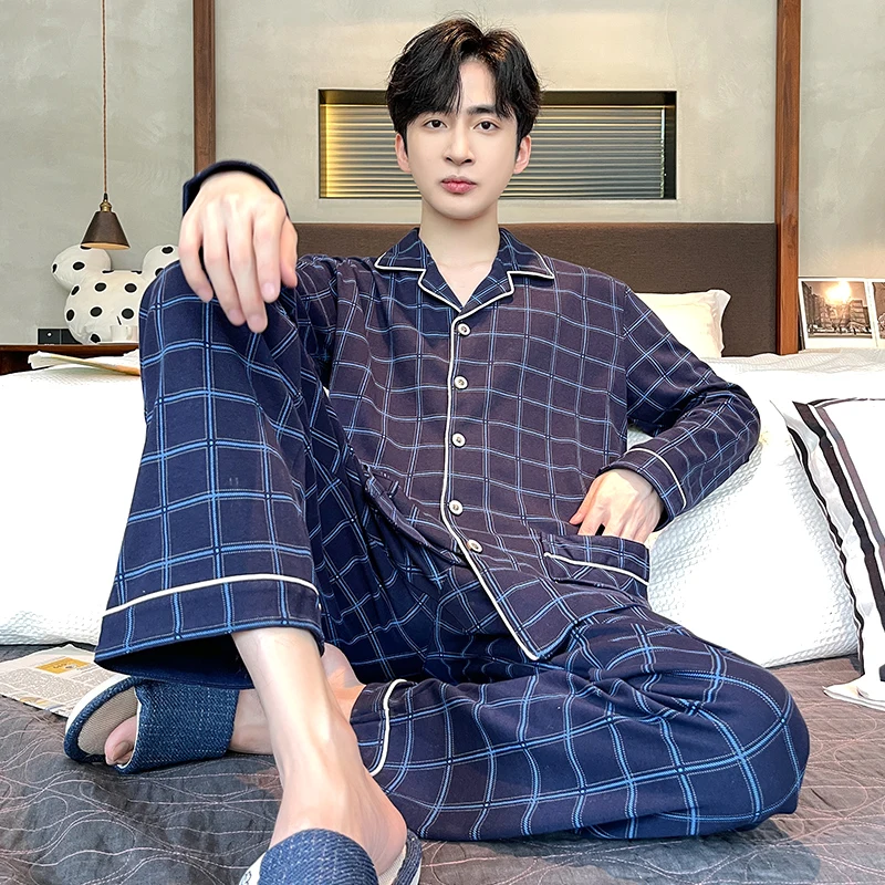 Men's Home Suits Long-sleeved Trousers Suits for Spring and Autumn Pijamas for Men Cotton Plaid Design Pajamas for Men
