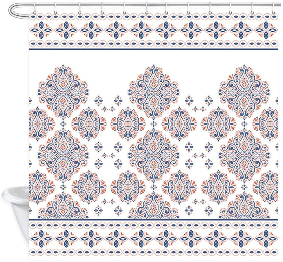 

Дамасские занавески для душа, винтажные водонепроницаемые шторы из полиэстера, в традиционном этническом стиле, красивые, синие, оранжевые, цветочные, для ванной комнаты