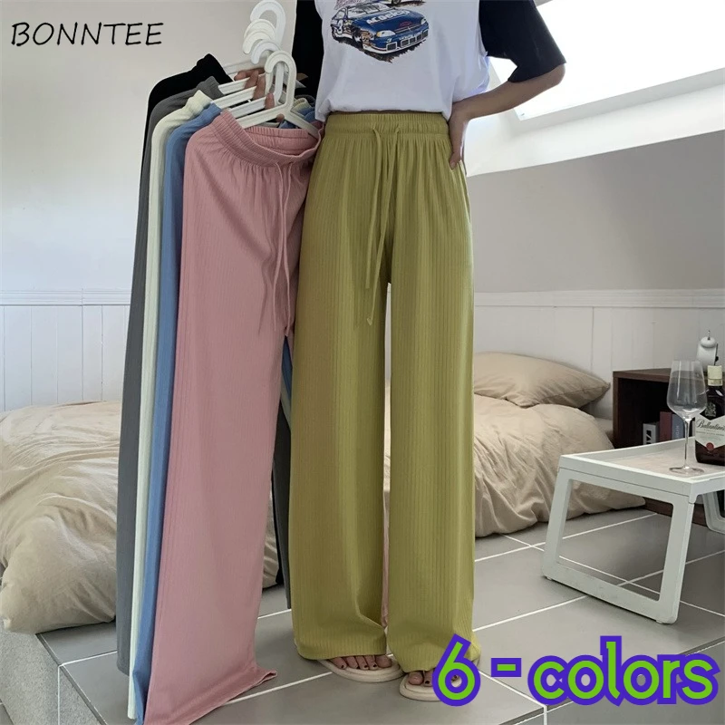 

Wide-leg Casual Pants Women Summer Thin High Waist Soft Drawstring Ulzzang Брюки Женские Korean Style All-match Sheer Chic New