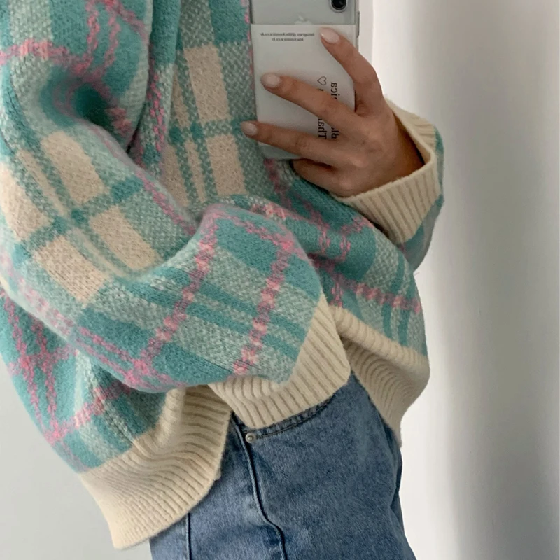 FINEWORDS модный винтажный зимний клетчатый свитер женский вязаный пуловер с