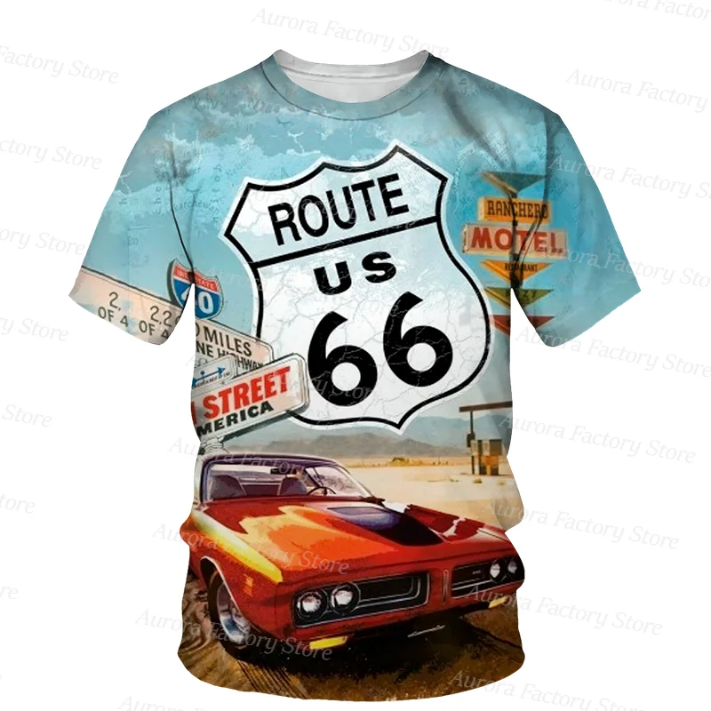 

Summer Men's Route 66 Pattern T-Shirt Vintage Short Sleeve Daily Clothing Casual Oversized Streetwear Male Fashion Tees&Tops