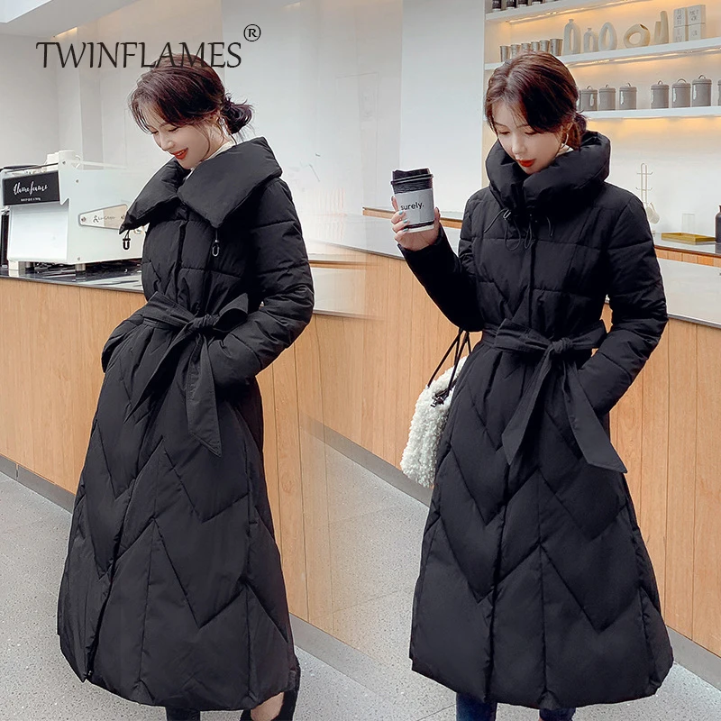 TWINFLAMES Thicken Parkas Women Fashion Long Loose Cotton Jacket Coats Women Elegant Belt Cotton Jackets Female Ladies
