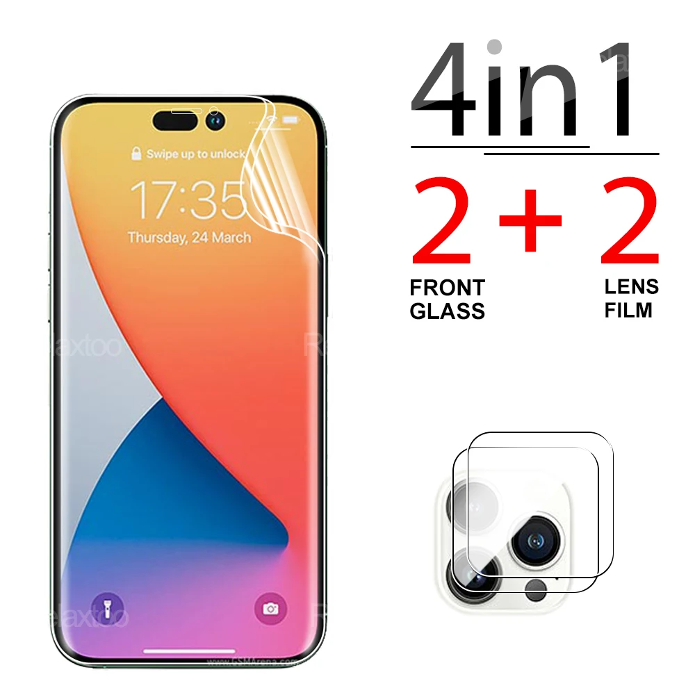

Гидравлическая пленка 4 в 1 для iPhone 14 Pro Max, мягкая полноэкранная Передняя пленка для телефона и пленка для объектива камеры, защита экрана, полное покрытие