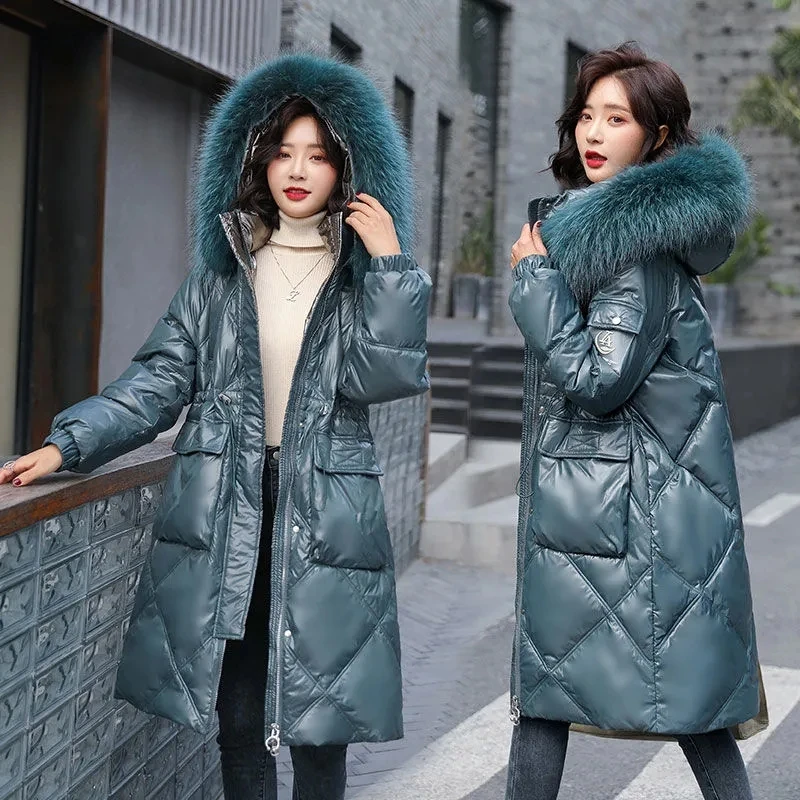 Down Jacket Women 2022 Winter New Fashion Real Raccoon Fur Collar White Duck Down Coat Female Casual Long Slim Hooded Parkas