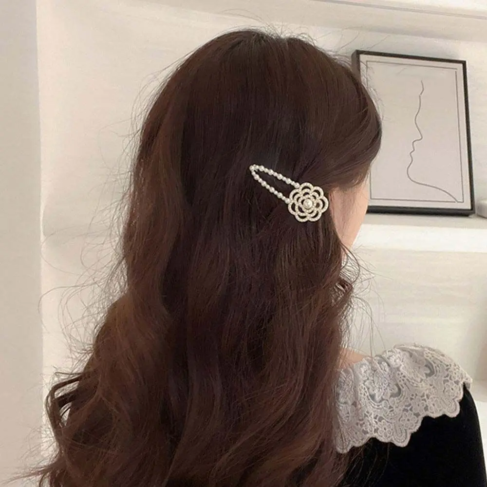 

Face Rhinestone Fashion Design Temperament Camellia Hair Accessories Pearls Side Clip Korean Style Hairpins Women Hair Clip