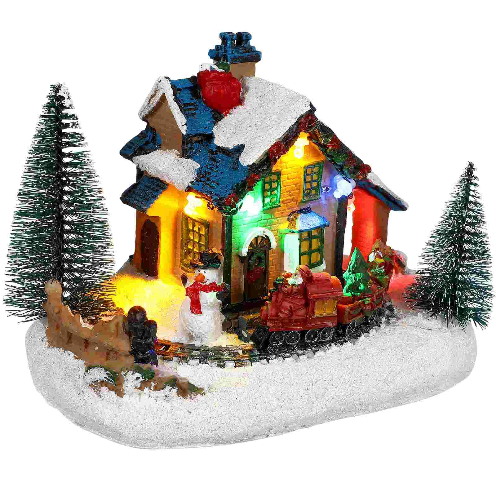 

Battery Operate Christmas Ornamnet Resin Snowy Xmas Scene Houses Figurine Snowy Christmas Village Animated Winter House Scenes