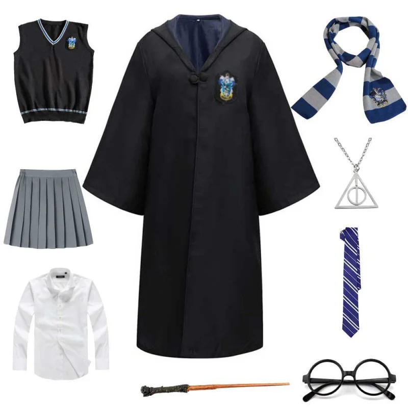 

Kids Adult Ravenclaw Robe Cosplay Men Women Kids Magic School Cape Cloak Wand Sweater Shirt Outfit Set Halloween Costumm Configu