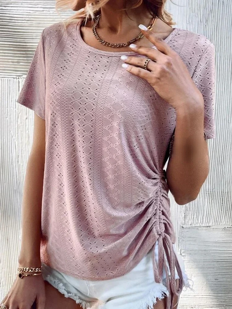 

Summer Women's Shirts 2023 Oversized T-shirt Top Women Female Clothing Shirts and Blouses Casual Round Neck Lace Drawstring Tops