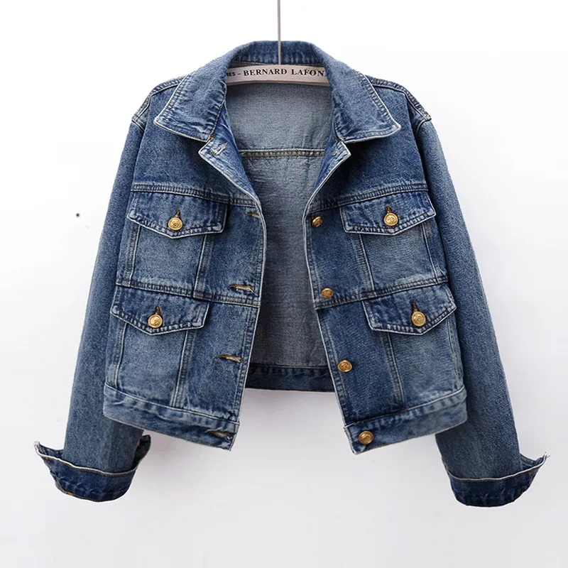 

Vintage Denim Jacket Women Korean Autumn Casual Pocket Long Sleeve Short Jeans Coat Female Loose Outerwear Ladies Clothes G2296