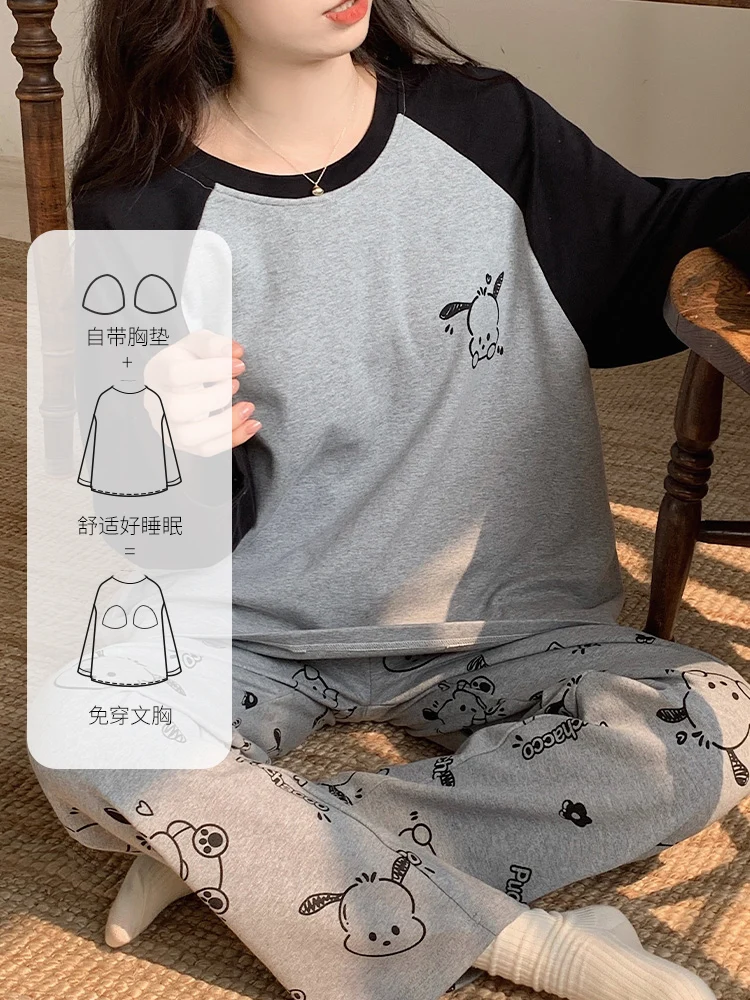 Spring and Autumn With Chest Pad One-Piece Pajamas Women Long sleeve Cartoon Summer Nipple Coverage Homewear Winter Set Outer...