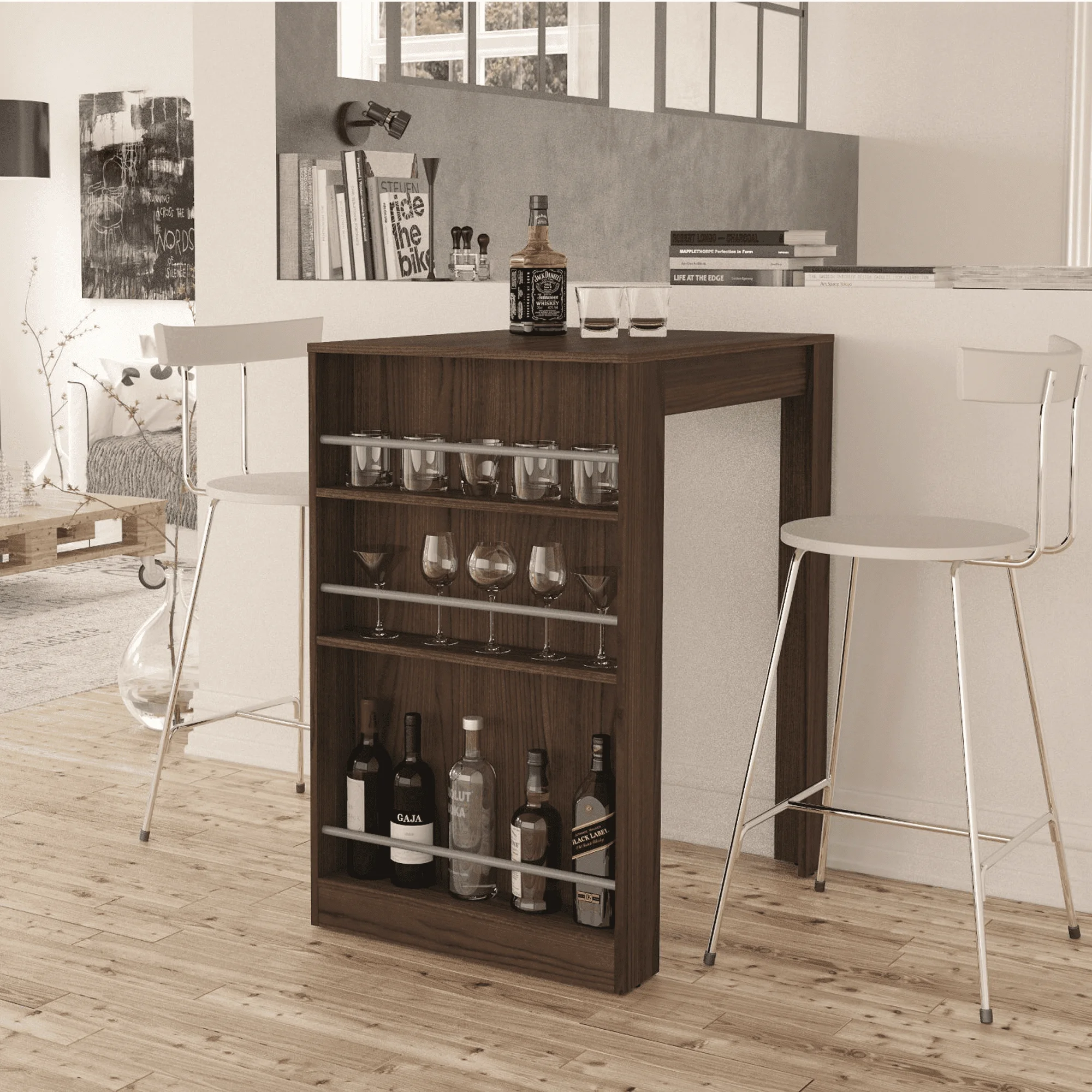 

Cambridge Stylish Bar Table, Brown Finish, Wine Storage