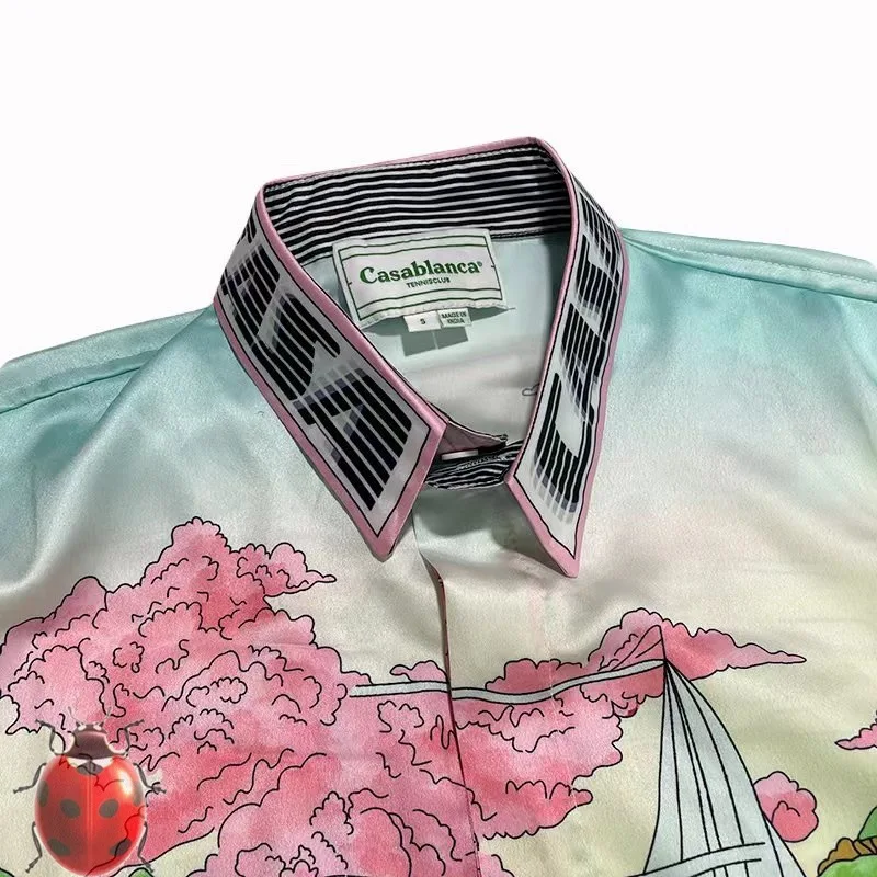 CASA CASABLANCA Silk Shirt Seaside Racing Scenery Print Tee Men Women High Quality Hawaii Summer Style Beach Falling Shirt Tee