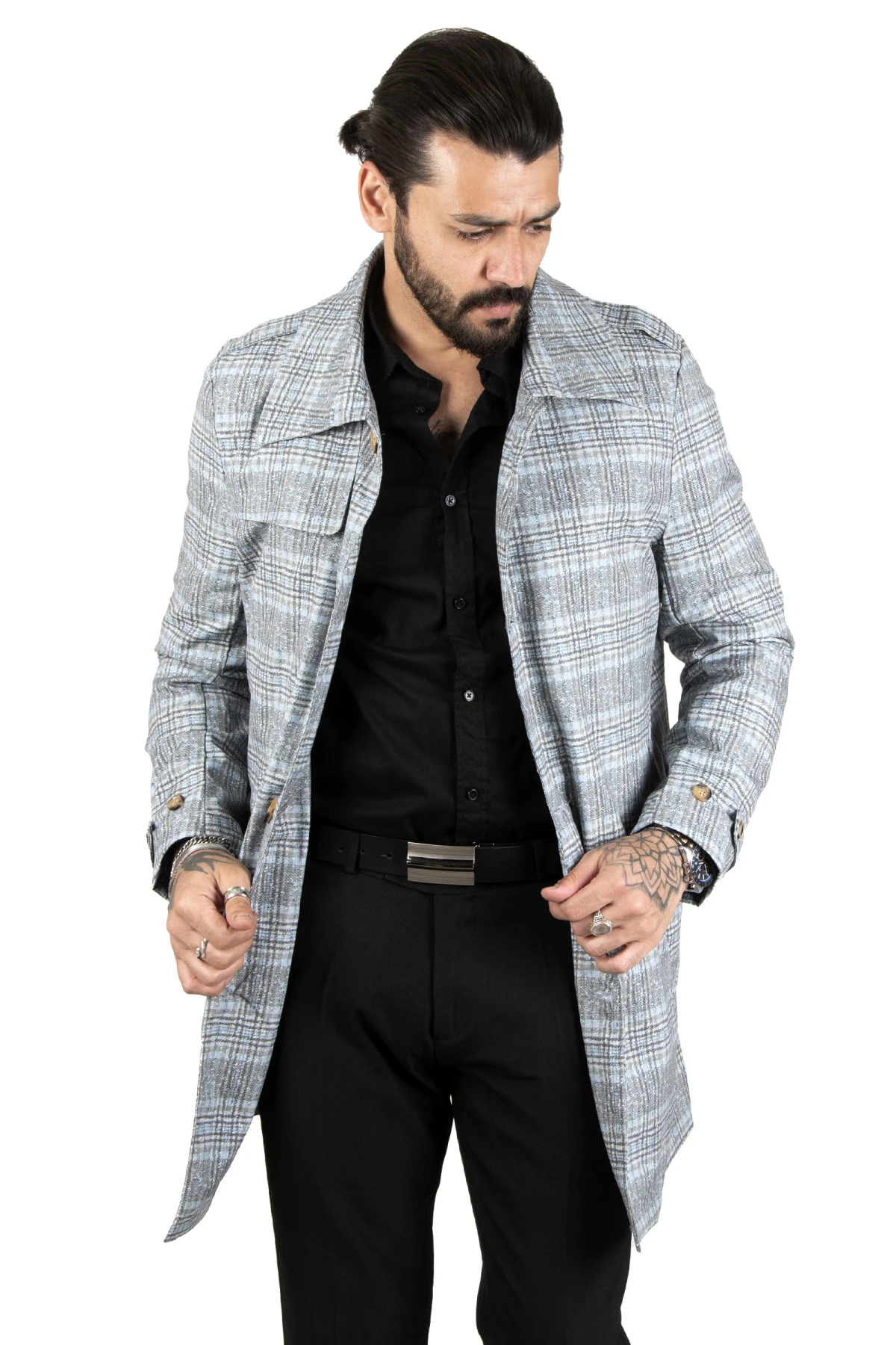 DeepSEA plaid patterned Slim Fit men's trench coat 2204009