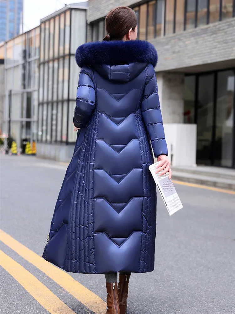 New Women Wash Free Glossy Surface Down Coat Winter Fashion Warm Real Fox Fur Collar Long Thicken Slim Down Jacket Ankle-Length