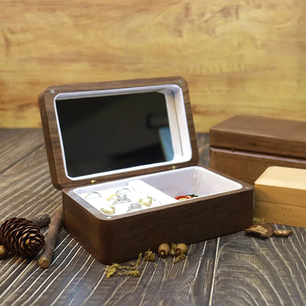 Personalized Name Date Black Walnut Wooden Jewelry Storage Ring Necklace Stud Earrings with Mirror Packaging Display Gift Box