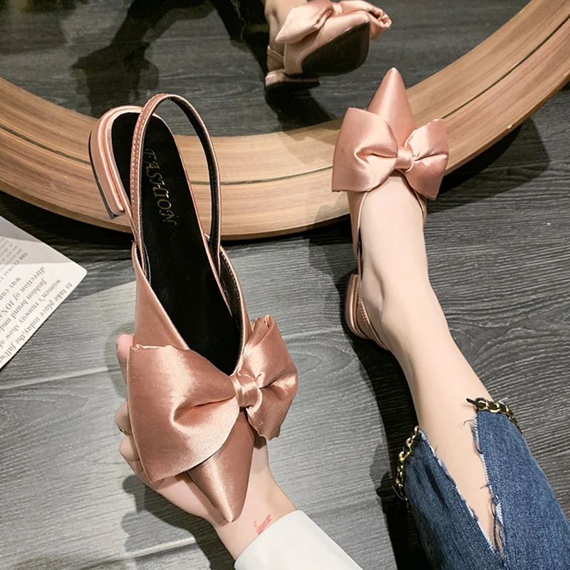 

Rimocy Fashion Big Bowknot Pumps for Women Summer Comfortable Low Heels Slingbacks Party Shoes Woman Silk Pointed Toe Sandals