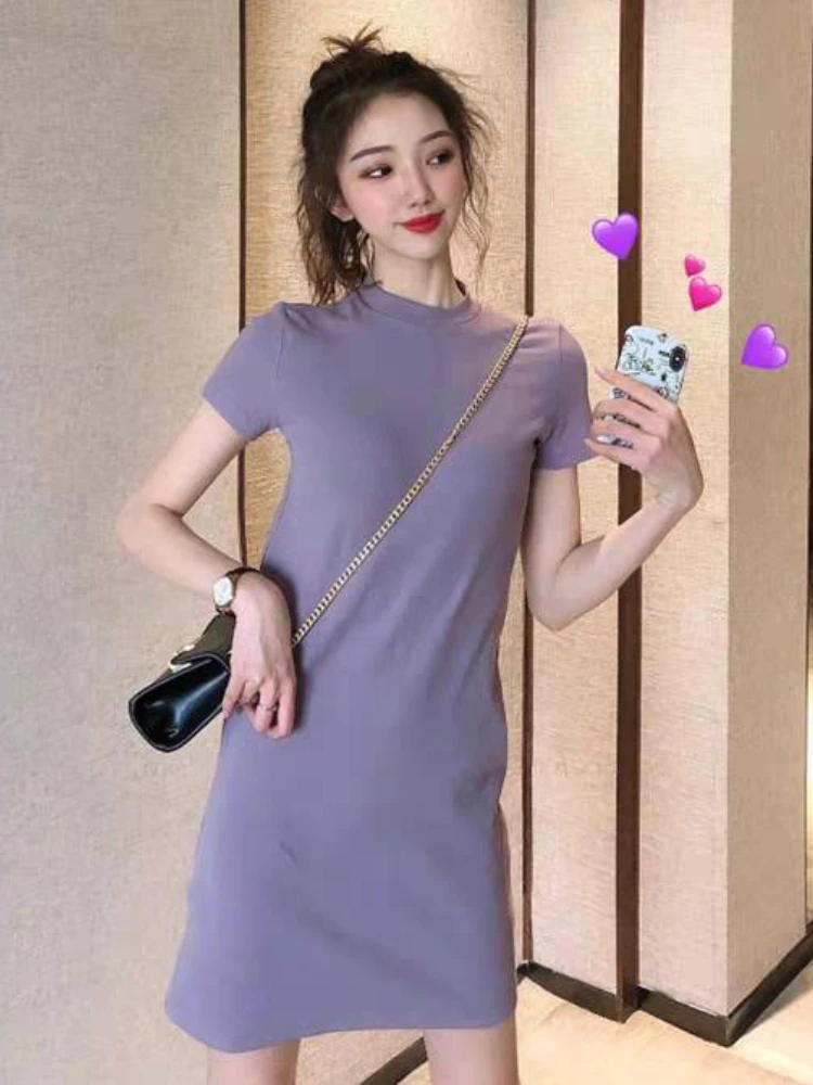 

Новинка 2022, платье в Корейском стиле, избавляющее от возраста трикотажное платье с коротким рукавом, характерное облегающее мини-платье небольшого размера