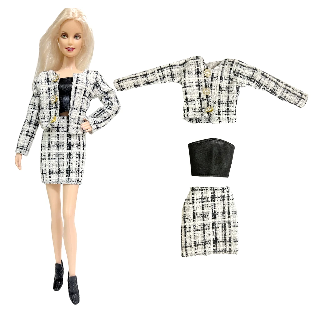 

NK New Autumn Plaid Suit Fashion Doll Clothes Vintage Casual Long Sleeve Coat and Skirt Outfit for Barbie Doll Accessories