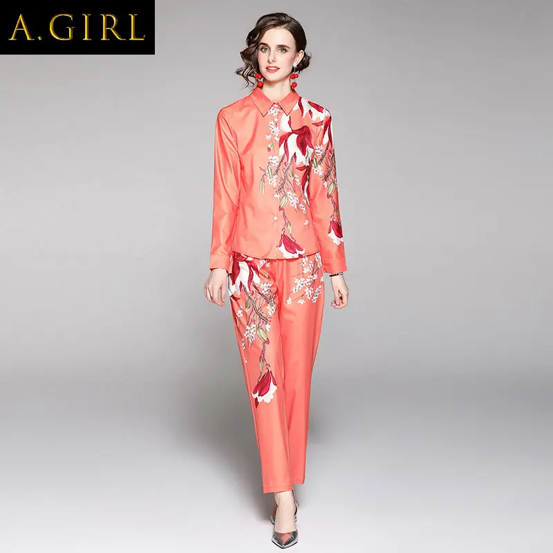

Женский модельный костюм из двух предметов, элегантная рубашка с длинным рукавом и цветочным принтом и брюки, офисная одежда, весна 2019