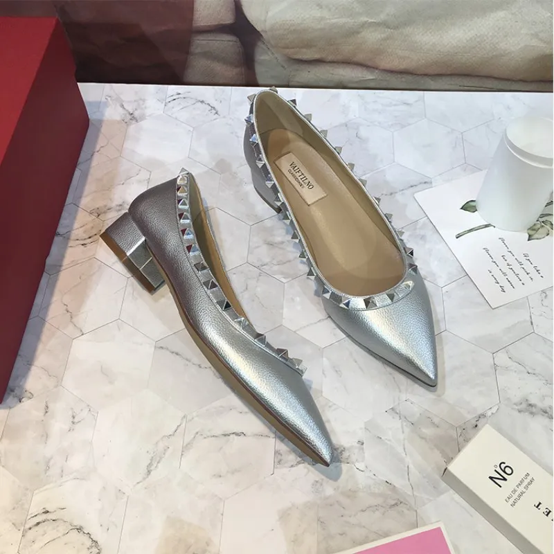 New Versatile Pointed High Heels Women's Shoes Shiny Metal Rivet Genuine Leather Black Pumps Low Heels 3cm Sexy Wedding Shoes 41