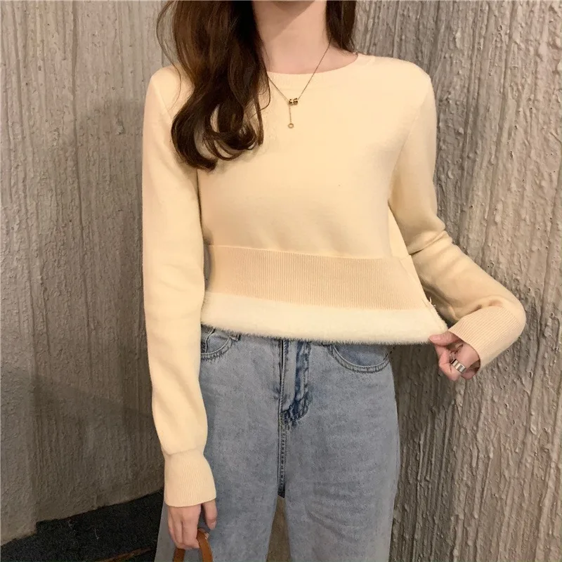 

Plush Thickened One piece Fleece Round Neck Knitted Undercoat for Women Autumn and Winter New style Warm Long Sleeve Sweater for