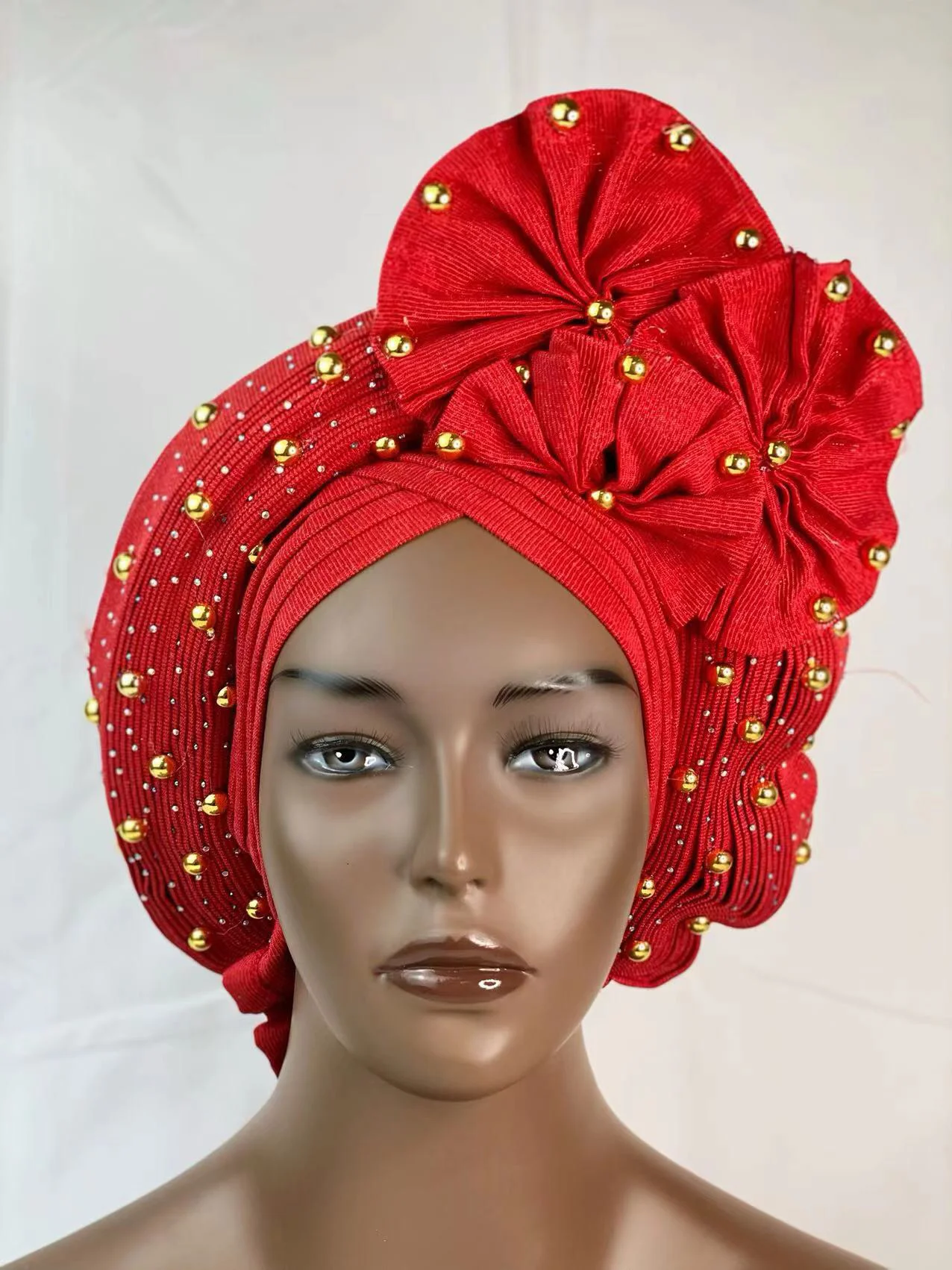 

African Auto Gele Aso Oke Headties With Flower Stones Beads Muslim Turban Caps Nigerian Wedding Gele Ready to Wear