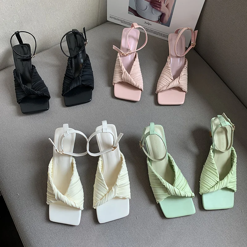 

Fashion Women Sandals Open Toe Summer Dress Sandals Thin Mid Heels Ankle Strap Black White Pink Green Girl Party Sandals Pumps