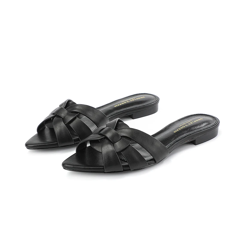 LANG MENG Brand Fashion Women's Shoes Summer New Genuine Leather Pointed Women's Slippers Beach Shoes Flip-flops Plus Size 34-43