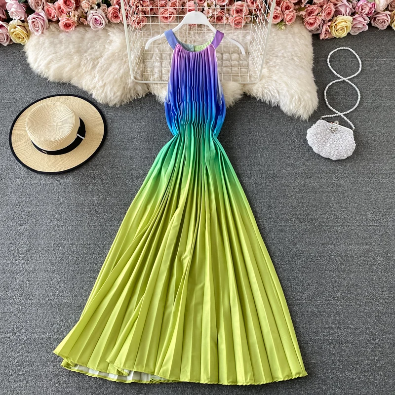 

Женское длинное платье с градиентным принтом, элегантный повседневный пляжный сарафан на бретелях с лямкой на шее, плиссированная туника, л...