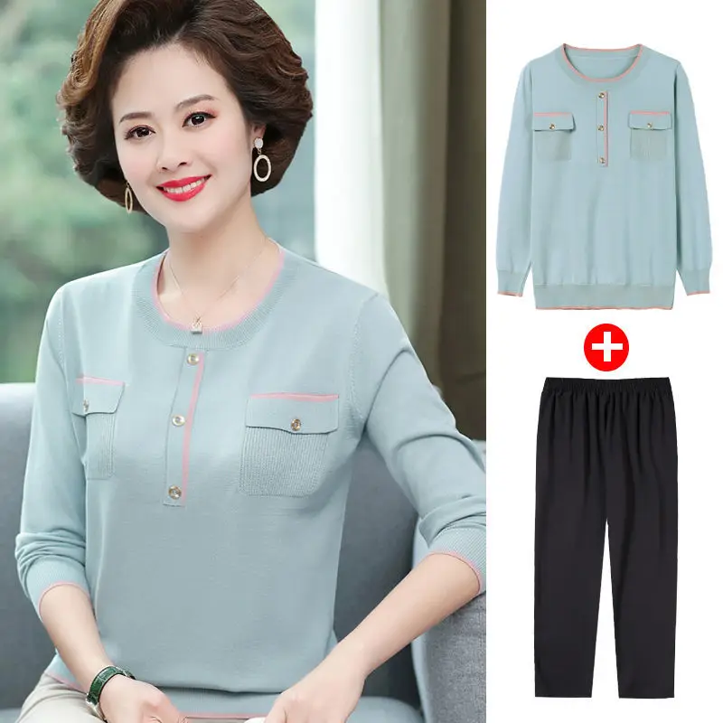 

Women's Two-Piece Suits Spring Korean Style Casual Elegant Knitted Sweater & Fashion High Waist Pants Large Size Clothing E274