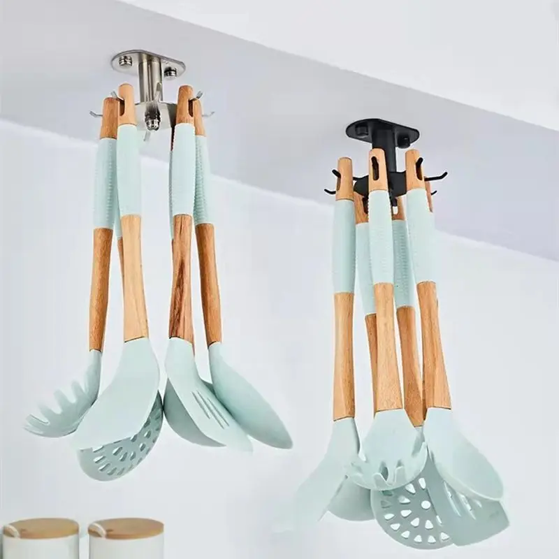 

Hole-free Kitchen 360-degree Rotating Hook Wall-mounted Top-mounted Multi-functional Spatula 304 Stainless Steel Storage Rack