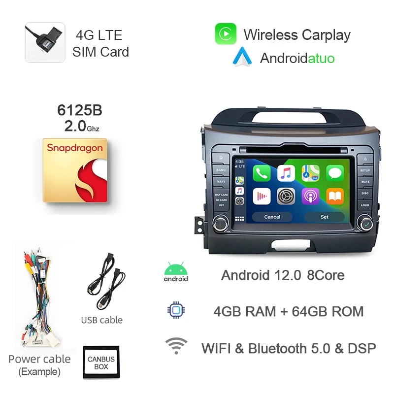 

Автомагнитола Carplay, 2 Din, Android 12, мультимедийный плеер, 8 + 256 ГГц, Авторадио, GPS-навигация, Bluetooth, для kia Sportage 3 2010-2016