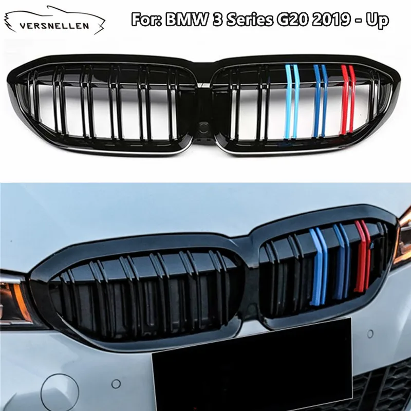 

Глянцевые черные гоночные решетки для BMW G20, 3 серии, 2019, 2020 м, Передние решетки из углеродного волокна, 2 планки, сменная решетка радиатора
